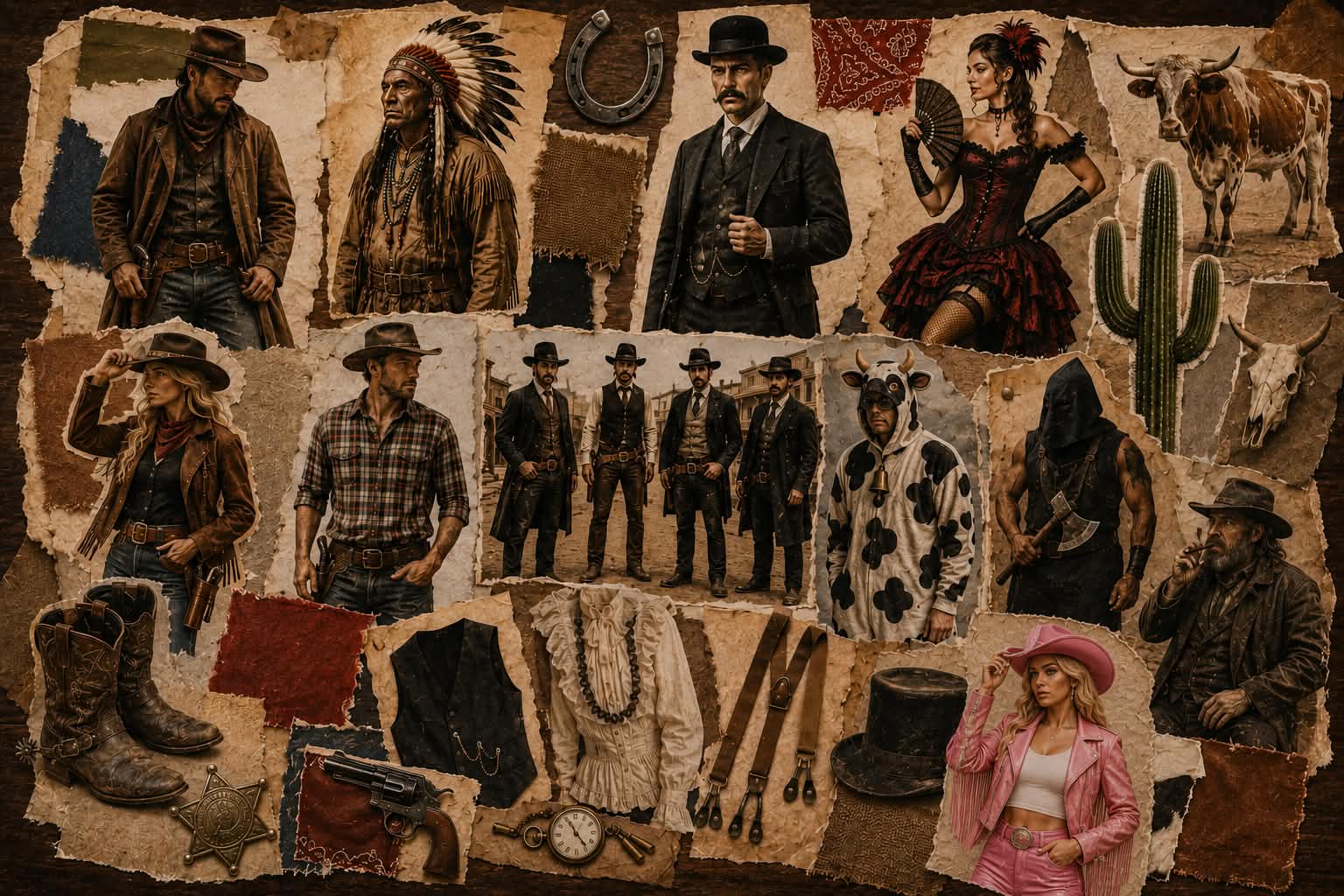 Koláž westernových outfitov ako inšpirácia